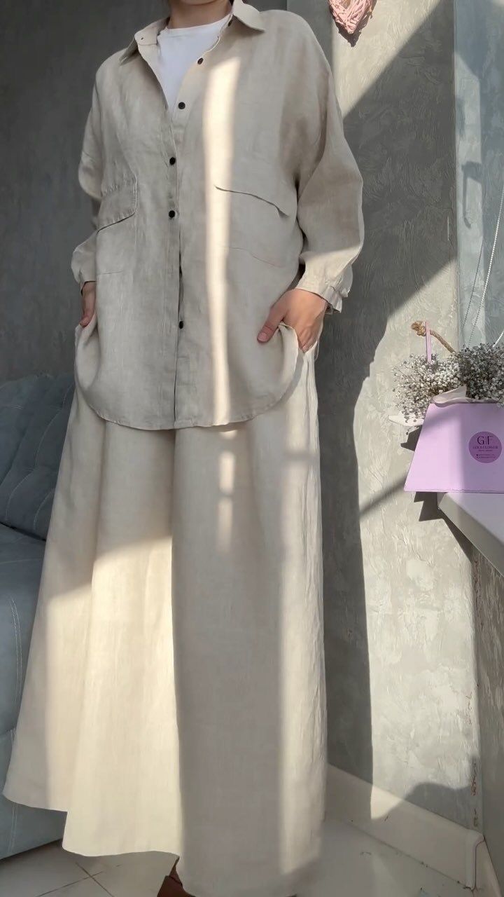 Abito in lino per donna musulmana, gonna lunga fino al pavimento, tinta unita_voghion.com