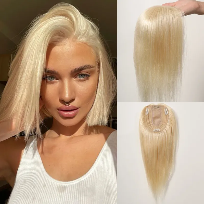 Topper per capelli umani da donna per capelli diradati, clip per toupee marrone, base in seta per capelli veri, riga centrale da 12 pollici_voghion.com