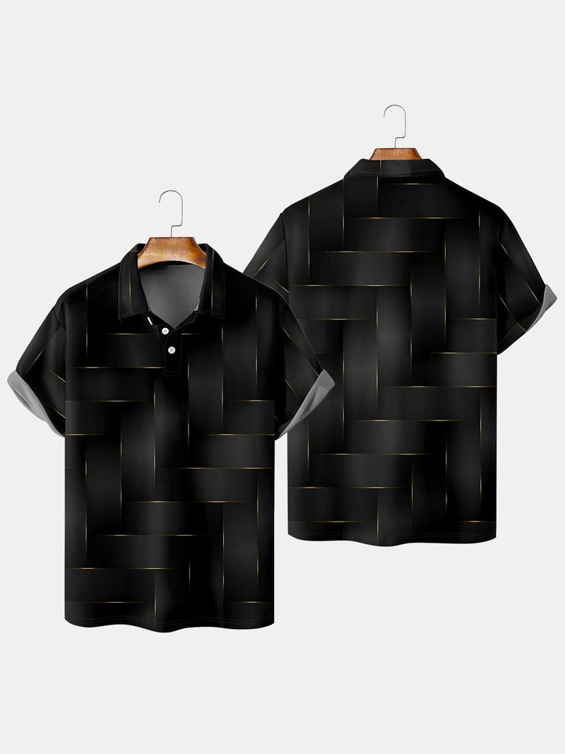 Herrenbekleidung geometrisches Farbmuster bedruckter Knopf Kurzarm Poloshirt Freizeithemd_voghion.com