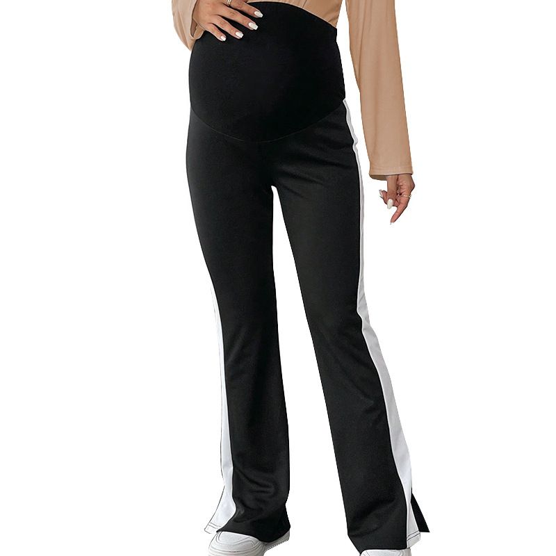 Passende Umstandshose mit weitem Bein in Schwarz, farblich passender Schlitz, Bauchstütze, hohe Taille, lässige, schmal geschnittene Umstandshose mit Schlag, Umstandsmode_voghion.com