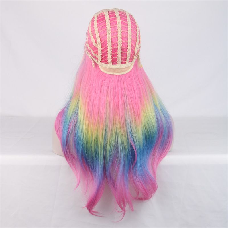 High temperature silk middle part bangs color wig curly hair pink colorful wig headpiece new_voghion.com