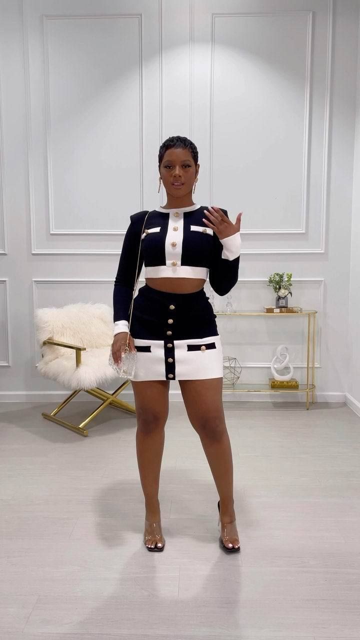 Women's fashion casual black and white stripes with buttons two-piece set_voghion.com