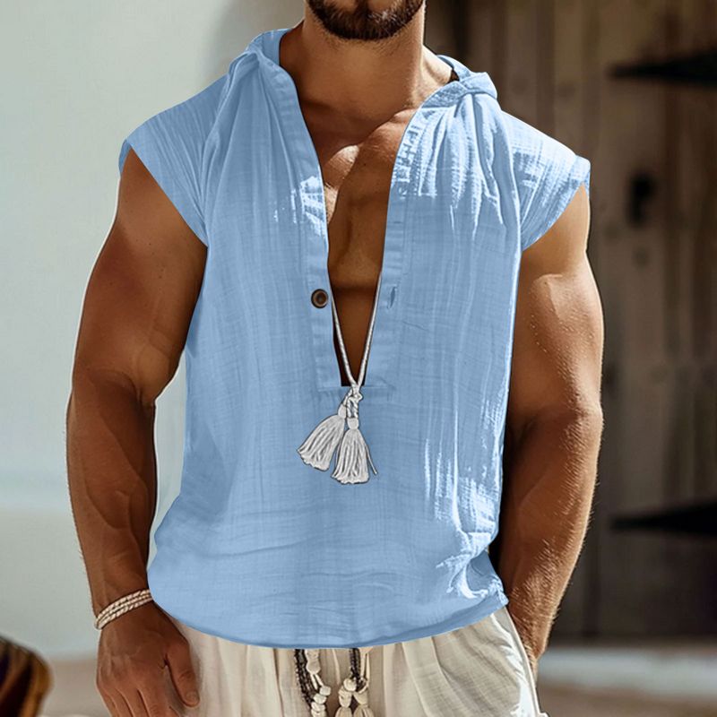V-Ausschnitt Lockeres Unterhemd Einfarbig Baumwolle Leinen Herren Strand Plus Size Herren Ärmelloses Hemd_voghion.com