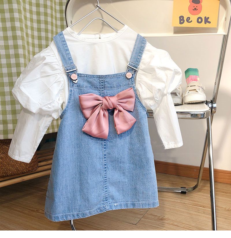 Abbigliamento per bambini, set da due pezzi per ragazze, top con maniche a sbuffo e tuta in denim con gonna_voghion.com