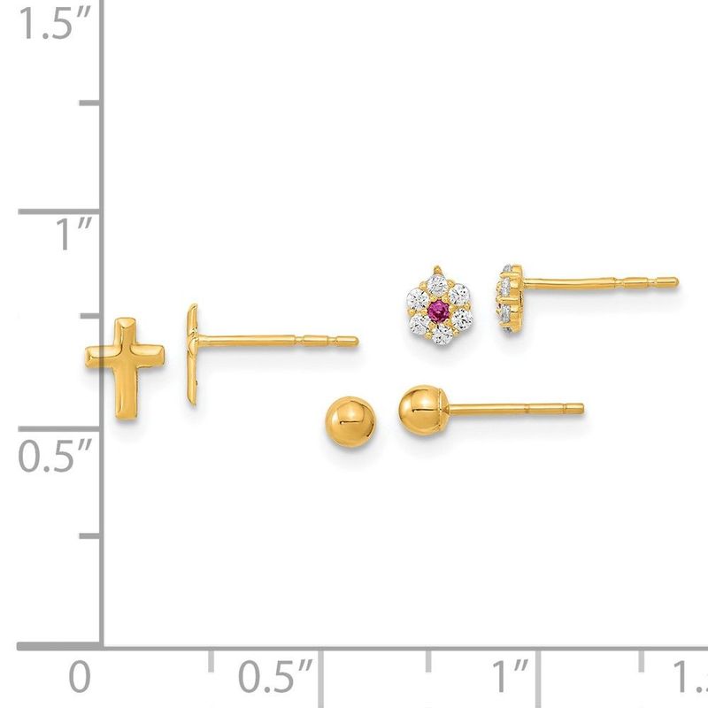 14K Polished Set Of Ball Post CZ Flowers And Cross 3 Pair Earrings Set_voghion.com