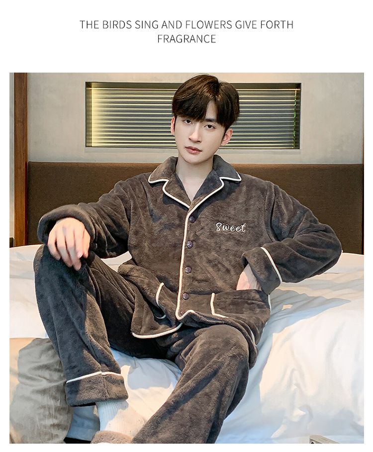 Men's sleepwear, men's with thick coral fleece, autumn and winter 2024 flannel home suit set_voghion.com