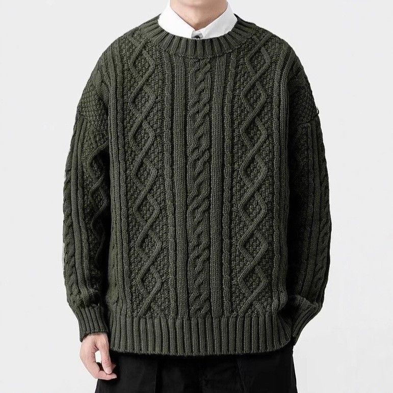 Męski sweter retro z dzianiny kablowej z długim rękawem, swobodny, z okrągłym dekoltem, luźny krój, jednolity kolor, moda zimowa_voghion.com