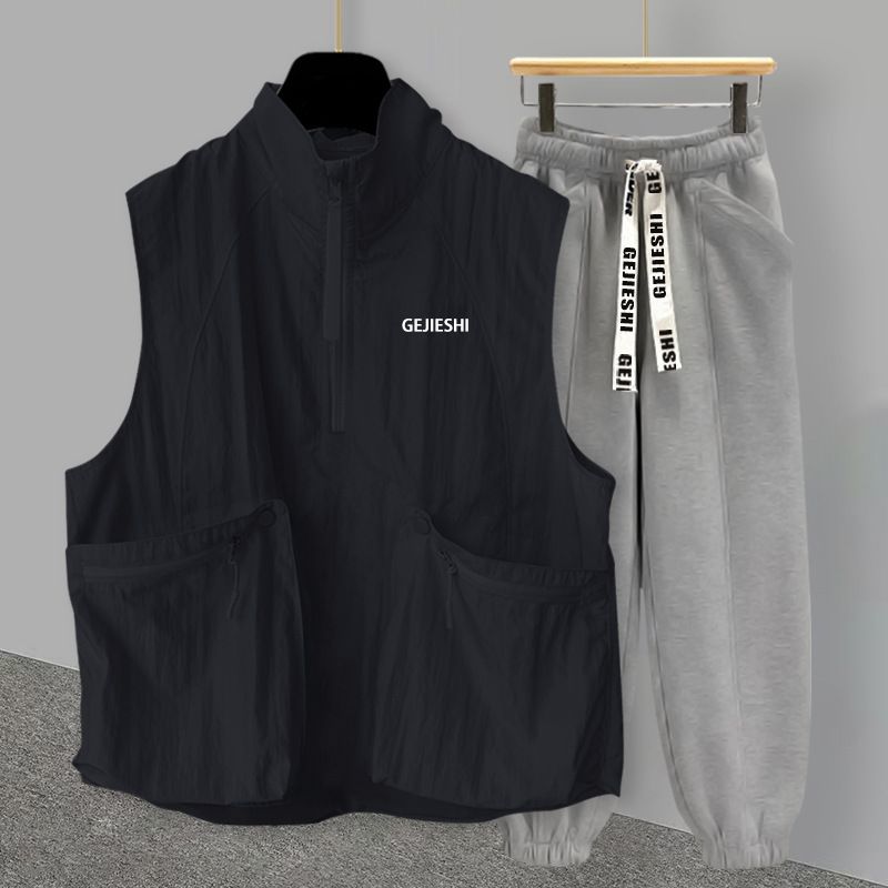 Herrenbekleidung Halbreißverschluss bestickte Stehkragenweste Anzug Herren Sommer koreanischen Stil trendiges Reißverschlusstaschen-Design lässig ärmelloses T-Shirt_voghion.com