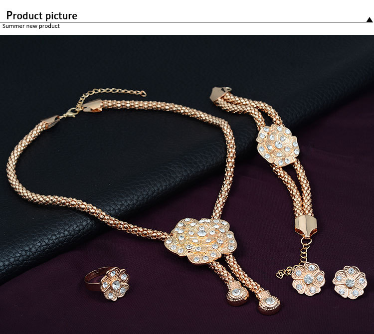 Conjunto de joyería de flor rosa de moda para mujer, conjunto de joyería de declaración de boda chapada en oro, conjunto de pendientes de collar de novia africano_voghion.com