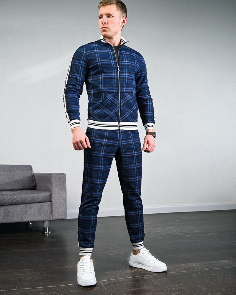 European and American striped sports casual suit men's large size slim sports trousers jacket two-piece set spring and autumn_voghion.com