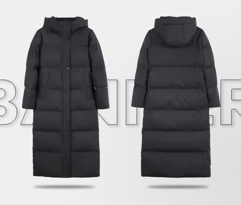 Damen Mittellange Daunenjacke Juweliergeschäft Berufsbekleidung Hotelrezeption Verkaufsabteilung Schwarzer Baumwollmantel_voghion.com