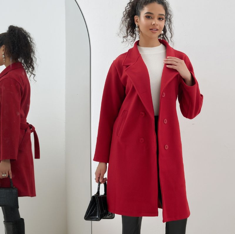 Autumn Winter New Women's Woolen Long Lace-up Wool Coat Solid Color Simple Slim Jacket_voghion.com