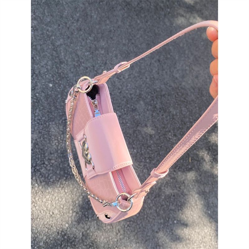 Borsa a tracolla singola con catena a forma di cuore, rosa, fresca e dolce, per ascella, da donna, con motivo a ragazza cool._voghion.com