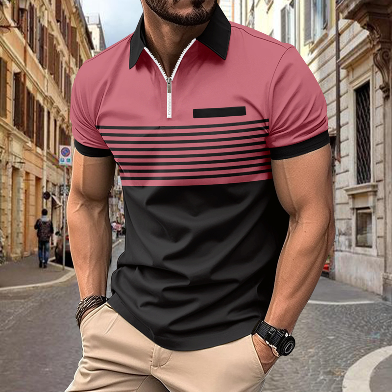 Ins 2024 Summer Quick Sale Zipper Men's Printed Striped Polo Shirt_voghion.com