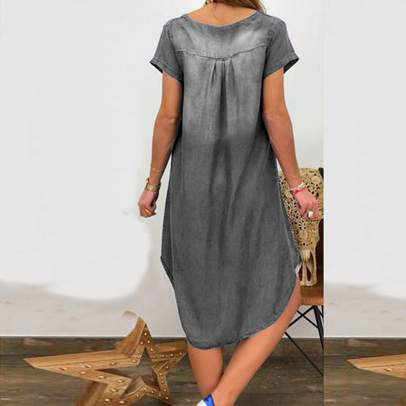 Lässiges, einfarbiges, kurzärmeliges Jeanskleid mit V-Ausschnitt für Damen_voghion.com