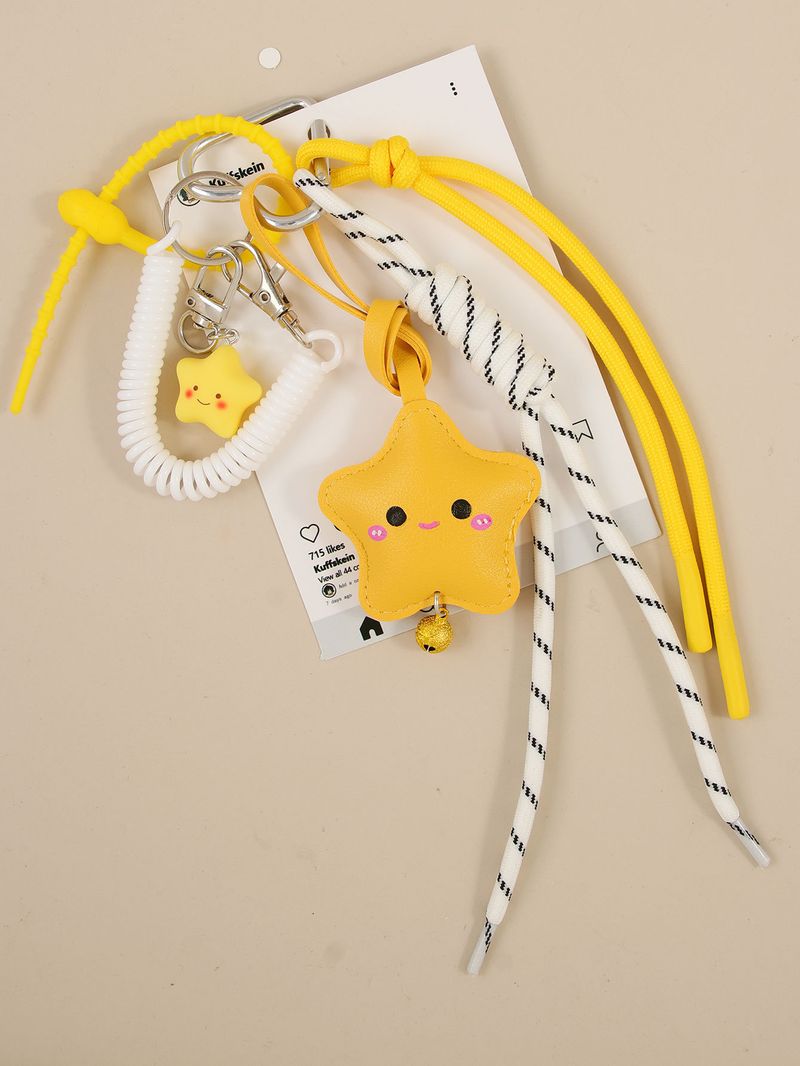 Happy Smiley Star Keychain - PU Leather 3D Pendant With Braided Rope For Bags, Backpacks & Keys (Yellow)_voghion.com