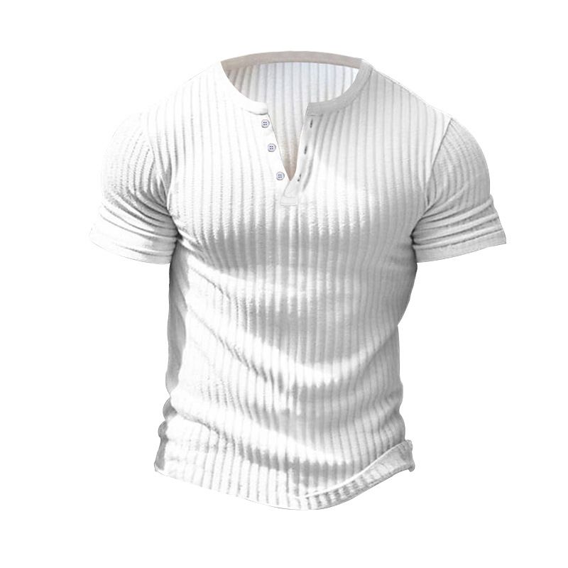 Solid Color Men's New Summer Versatile Short Sleeved Henley Shirt Casual Knitted T-shirt_voghion.com