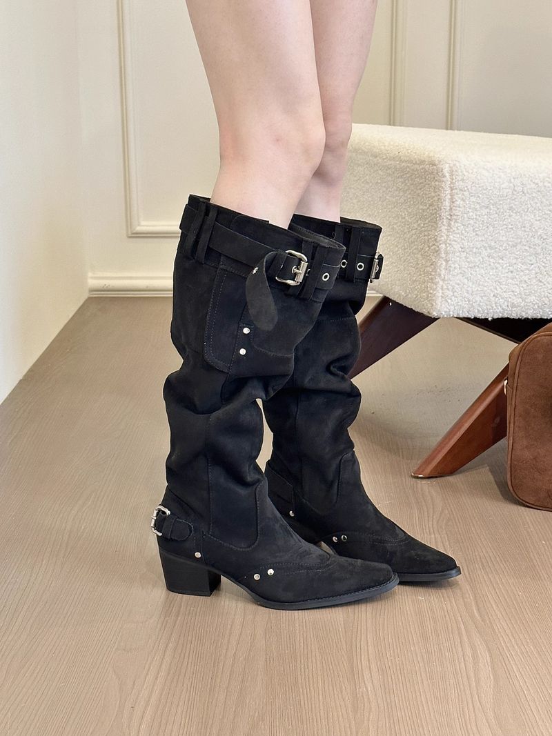 Damen-Ankle-Boots aus Wildleder mit spitzer Zehenpartie, Blockabsatz, schmaler Passform und Faltenrock_voghion.com