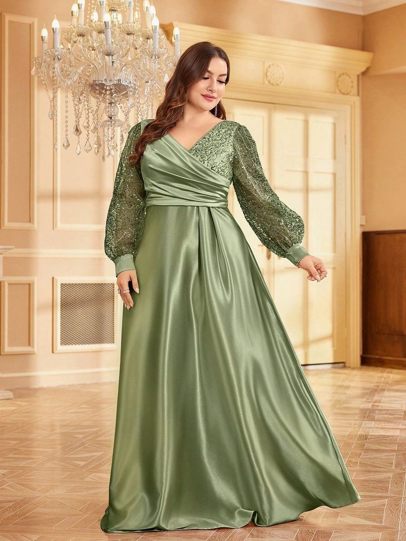 Elegant Plus Size Satin V-Neck Long Sleeve Evening Dress With Sequins, Formal Gown For Women, Available In Green & Navy Blue_voghion.com