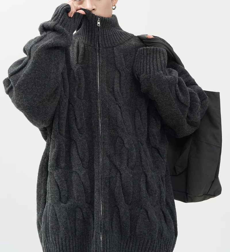 Maglione semi-dolcevita da uomo - Cardigan oversize in maglia a trecce con tessuto elasticizzato traspirante, abbigliamento unisex per l'autunno (nero/kaki/blu)_voghion.com