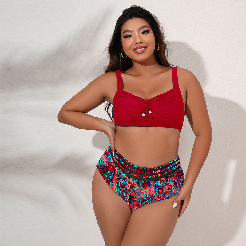 best-selling bikini high-waisted large size split chest swimsuit with beads for women_voghion.com