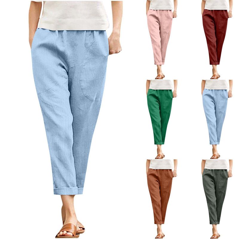 Pantaloni casual in lino e cotone da donna con tasche, vestibilità comoda, gamba dritta, in blu, rosa, verde, verde militare, caramello e rosso vino (S-XXL)_voghion.com