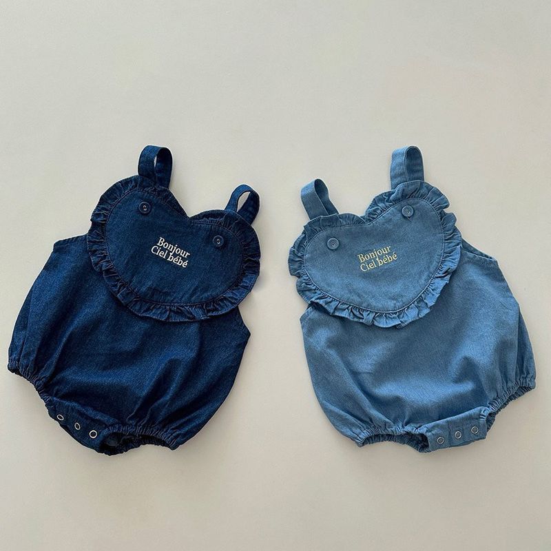 Pasgeboren baby romper van katoen met borduurwerk en denim - mouwloos, verstelbare bandjes, unisex baby jumpsuit voor de lente en zomer_voghion.com