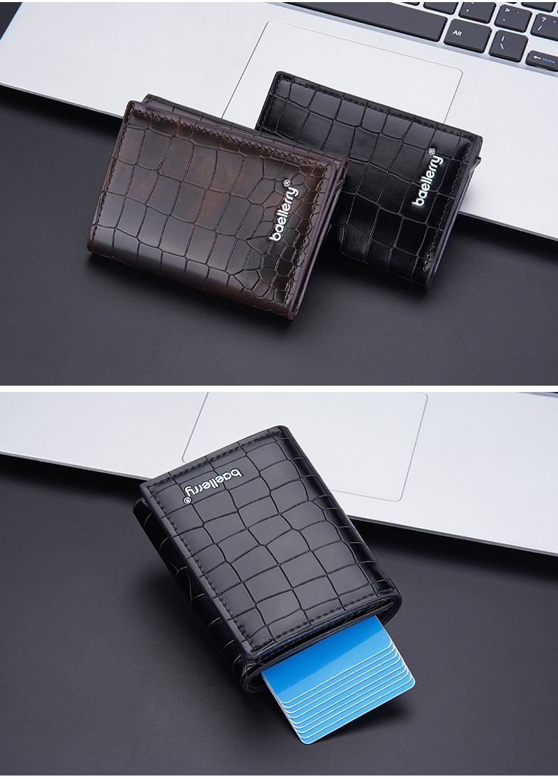 Baellerry neuer Kartenhalter für Herren RFID Metall-Aluminium-Box elastische Kartenbox Krokodilmuster dreifach gefaltete Brieftasche_voghion.com