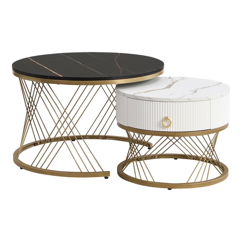 Ensemble de tables basses modulaires élégantes : aspect marbre avec touches dorées, tables d'appoint gigognes avec tiroirs – Ensemble 2 pièces_voghion.com