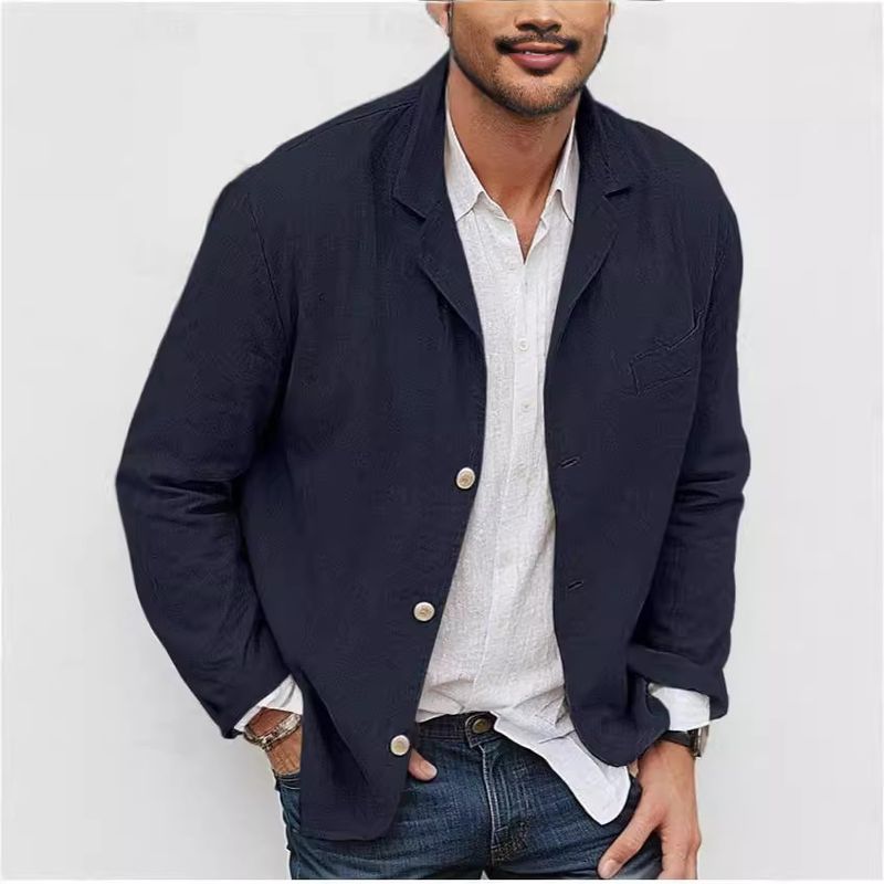 CT Lente en herfst heren katoenen linnen losse eenvoudige effen kleur lange mouw kleine blazer nieuwe omslagkraag_voghion.com