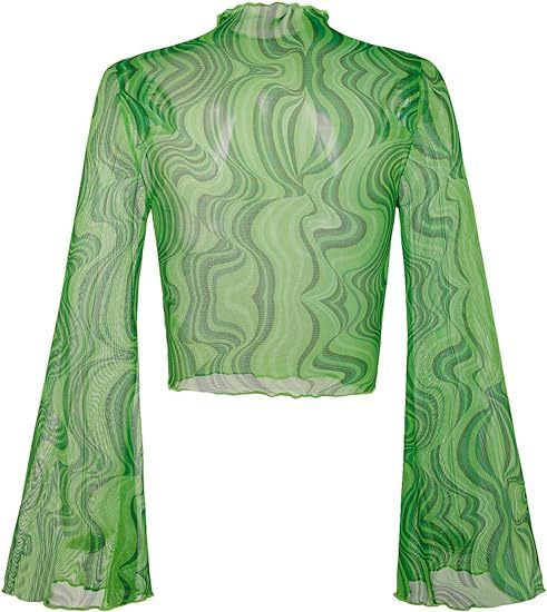 Top corto da donna con maniche a campana in rete floreale, colletto arricciato e orlo a lattuga_voghion.com