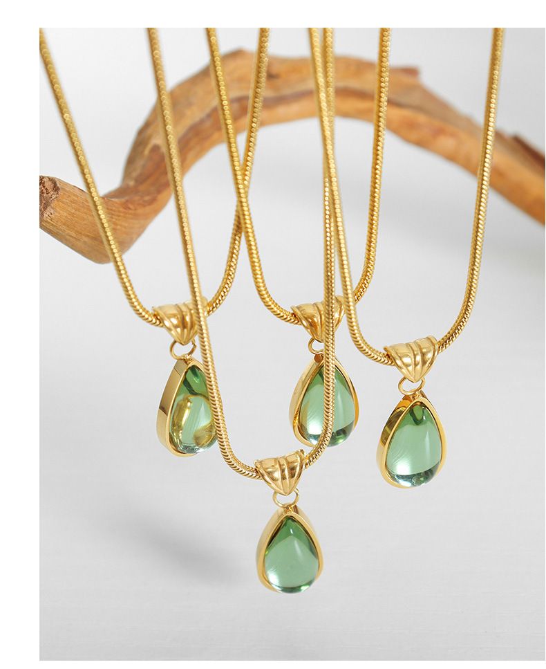 A Niche Water Droplet Shaped Green Blue Glass Stone Pendant Necklace, Collarbone Chain, Titanium Steel_voghion.com