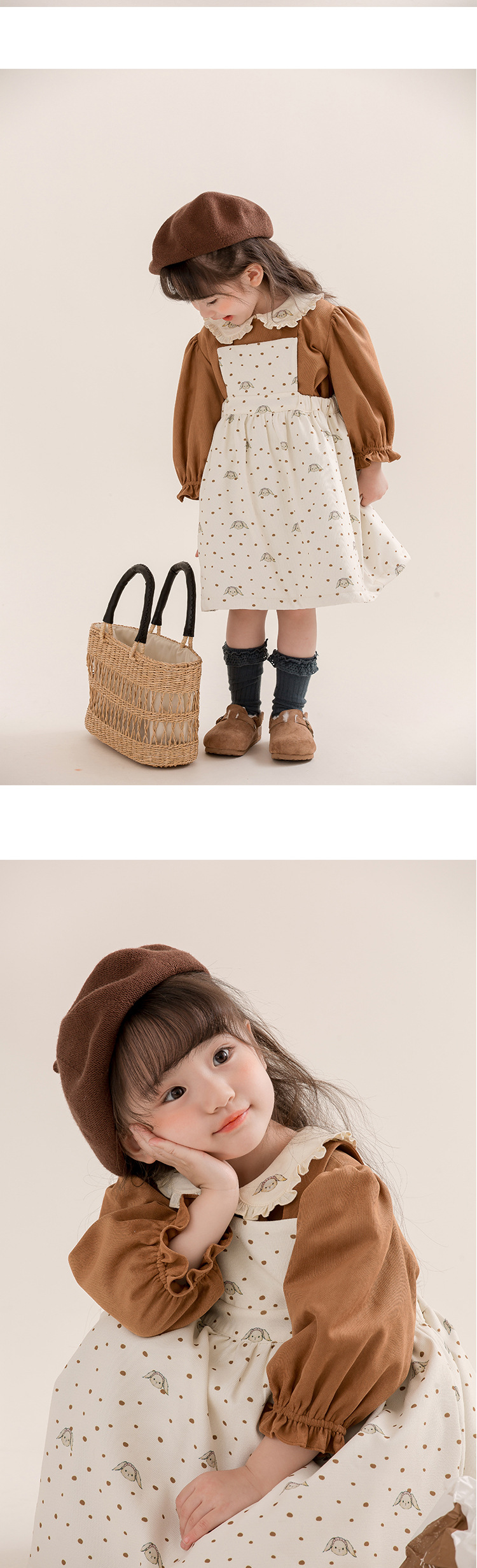 Set da due pezzi con stampa di pecore in cotone autunno e inverno da ragazza con gonna a baccello, camicia con colletto a bambola con maniche a sbuffo per bambini_voghion.com