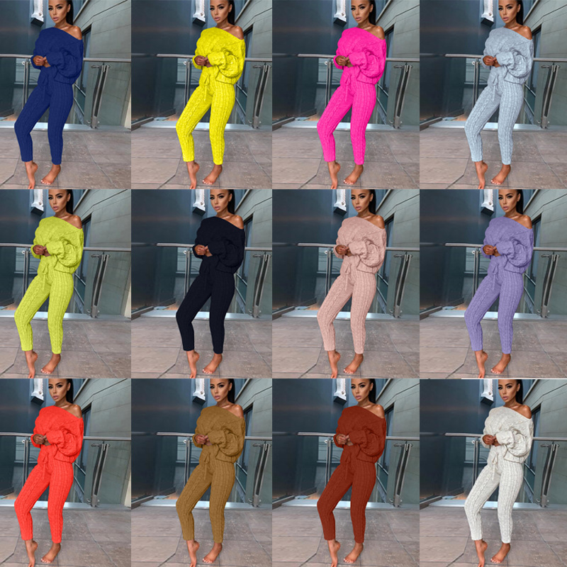 Women's fashion set crew-neck wool-knitted trousers long-sleeved set sweater_voghion.com