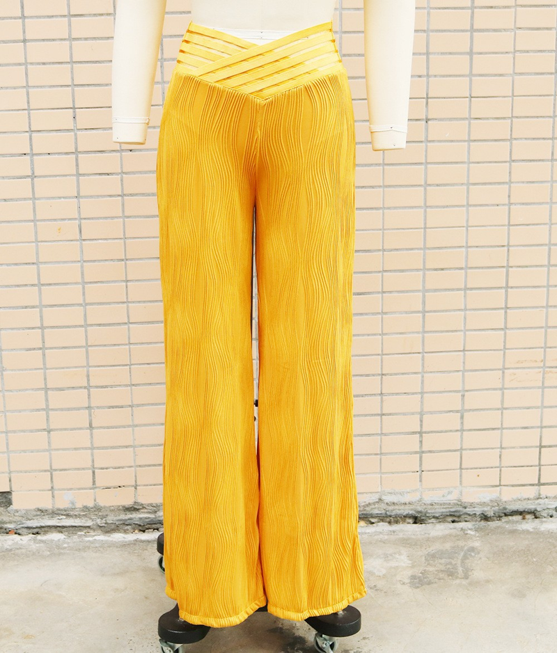 Dame Kleeder Moud Héich Taille Casual Hosen Drapey Pleated Huel Waasser Ripple Breet Been Hosen Damen Hosen_voghion.com