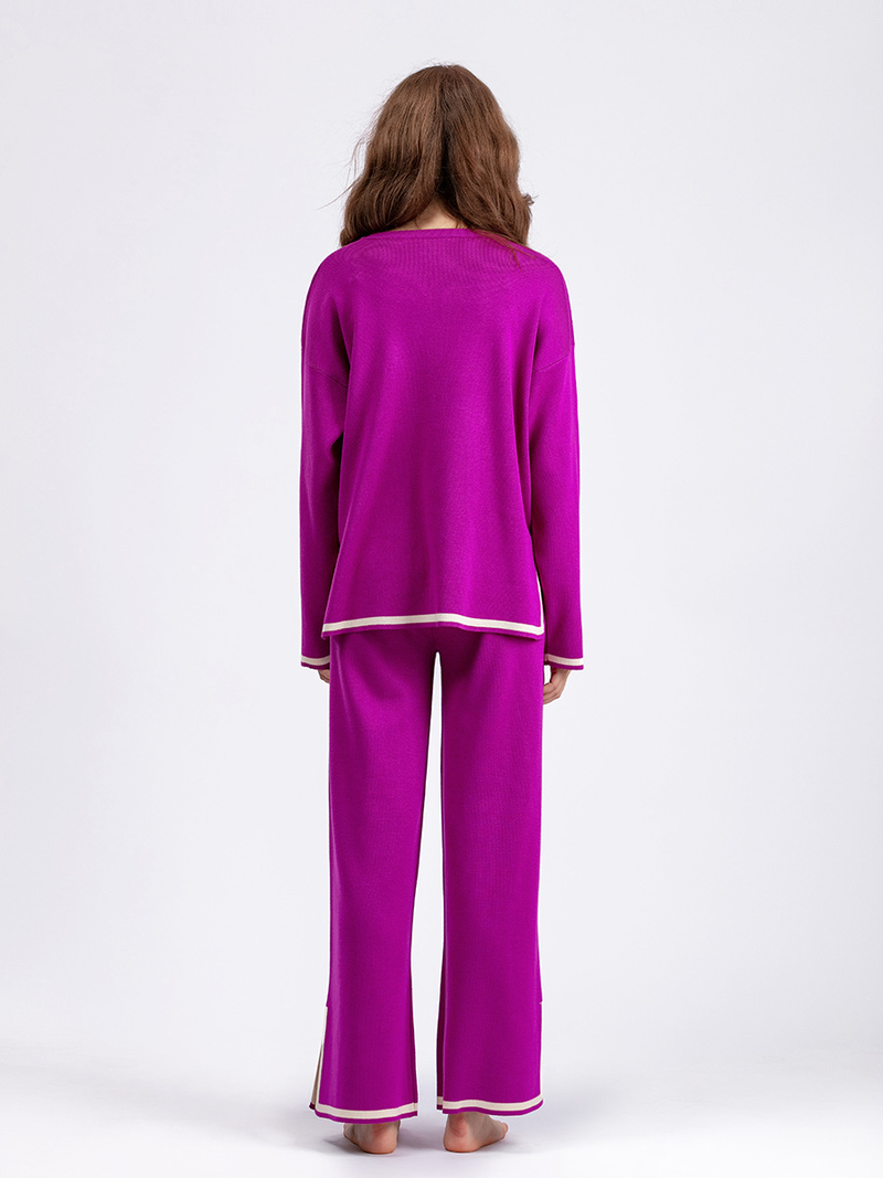 Abbigliamento donna autunno e inverno nuovo stile temperamento contrasto colore fessura abito lavorato a maglia a maniche lunghe vita alta pantaloni larghi a gamba larga set due pezzi_voghion.com