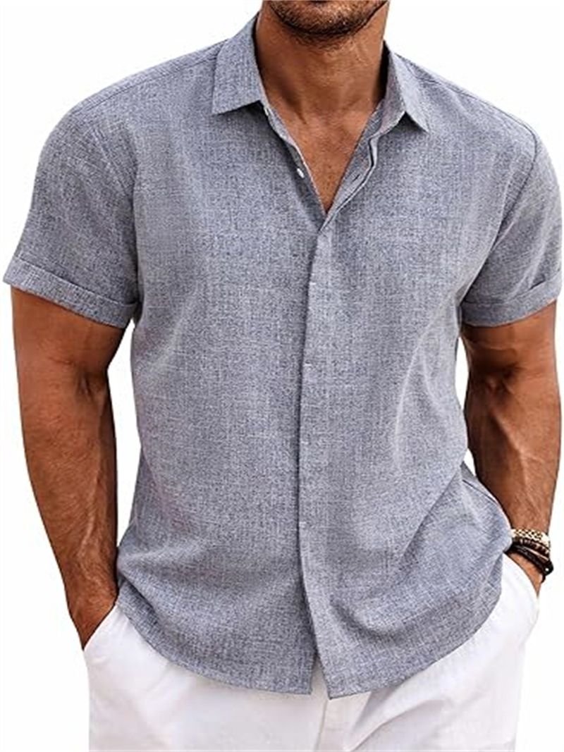 Herrenbekleidung Herren Leinenhemd Kurzarm Freizeithemd Button-Down-Hemd Herren Strand Sommer_voghion.com