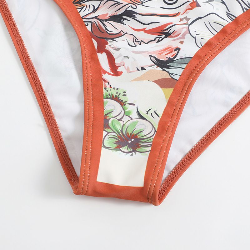 Langqi 2023 New Women's Light Elegant Print Panel Contrast Beach Sunscreen Skirt One Shoulder Two Piece Swimwear_voghion.com