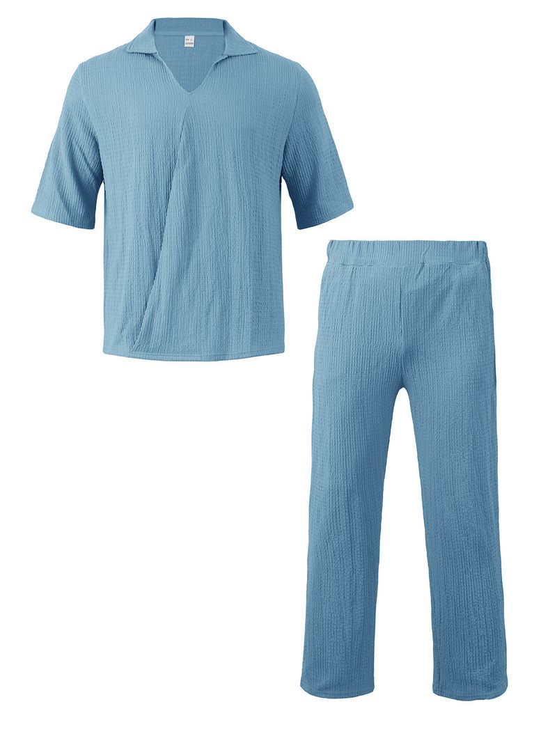 Summer Sports Suit Solid Color Lapel Collar Short-sleeved Trousers Men's Casual Two-piece Set_voghion.com