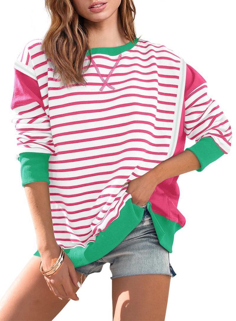 T-shirt a maniche lunghe da donna con righe a contrasto di colore - Felpa girocollo con motivo stampato_voghion.com