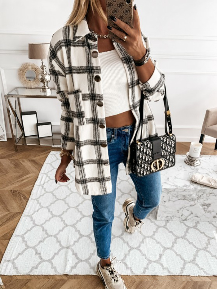Cappotto a camicia a maniche lunghe scozzese retrò casual alla moda da donna_voghion.com