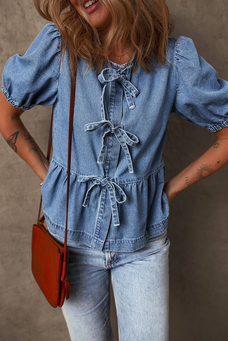 Jeanshemd mit Fliege für Damen – Stylische und atmungsaktive Sommer-Freizeitbluse (Unifarben, S-XL)_voghion.com