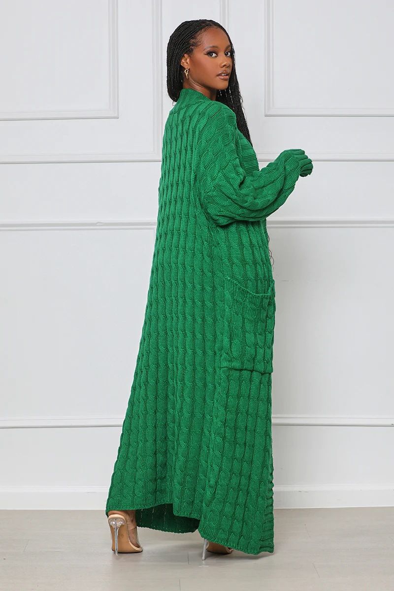 Damenbekleidung Locker gestrickte Strickjacke, gemütliche, übergroße Strickjacke mit Taschen, langer Zopfmuster-Pullovermantel, lockerer Boho-Chic, offene Vorderseite_voghion.com