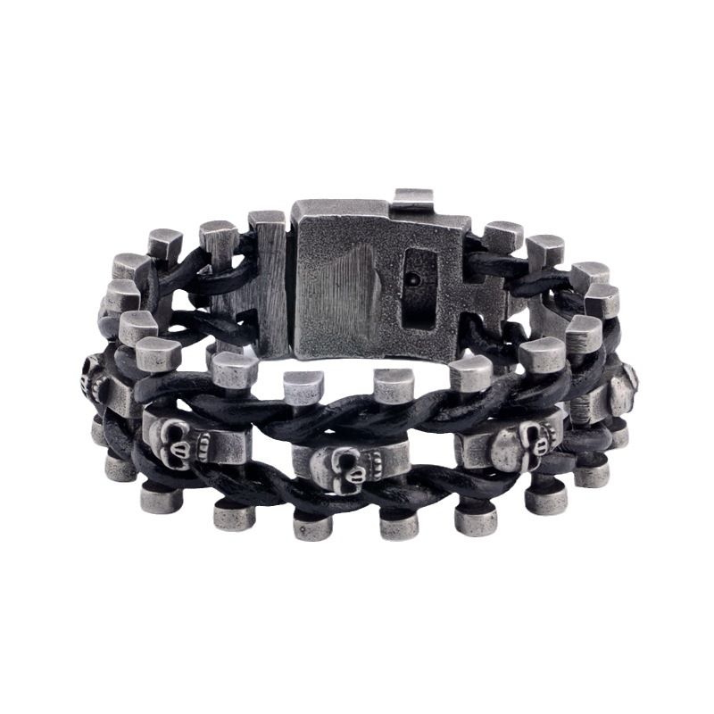 Hip-Hop-Stil Titan Stahl Schnalle Leder Totenkopf gewebt Herren Armband Punk Schmuck_voghion.com