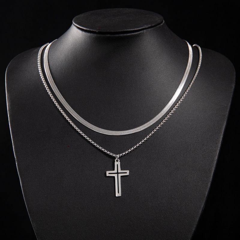 Gothic Layered Cross Pendant Necklace For Women - Stainless Steel Cuban Chain With Box Chain - Trendy Layered Necklace For Everyday Wear_voghion.com