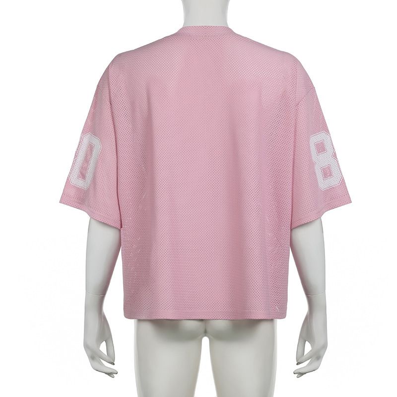 Abbigliamento da donna, stile street style, stile hottie, maglietta oversize con stampa di lettere, maniche corte, scollo a V, ampia e sottile, basic_voghion.com