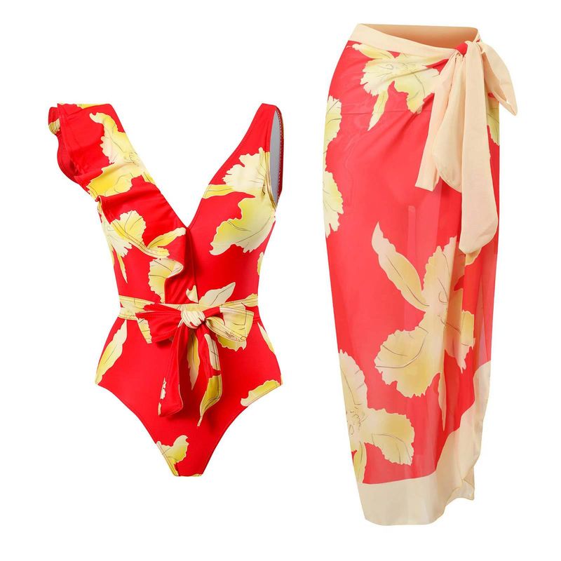 Women's Clothing Sexy One Piece Swimsuit Female Retro Ruffled Chiffon Skirt Swimsuit Suit_voghion.com