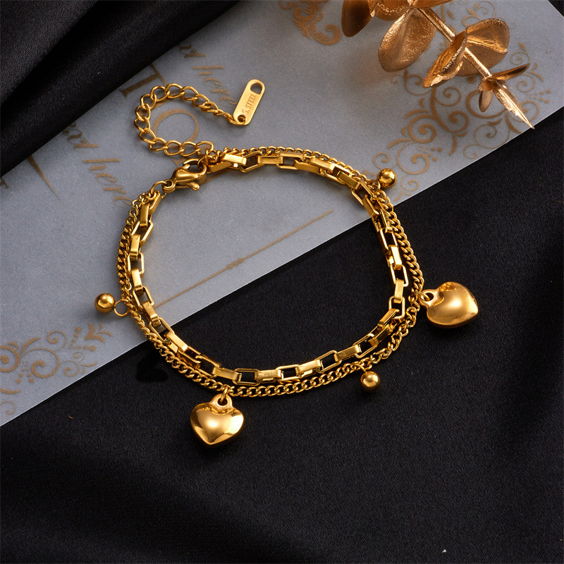 Bracciale a catena con ciondolo in acciaio al titanio con perline rotonde a doppio strato retrò moda coreana semplice punk hip-hop_voghion.com