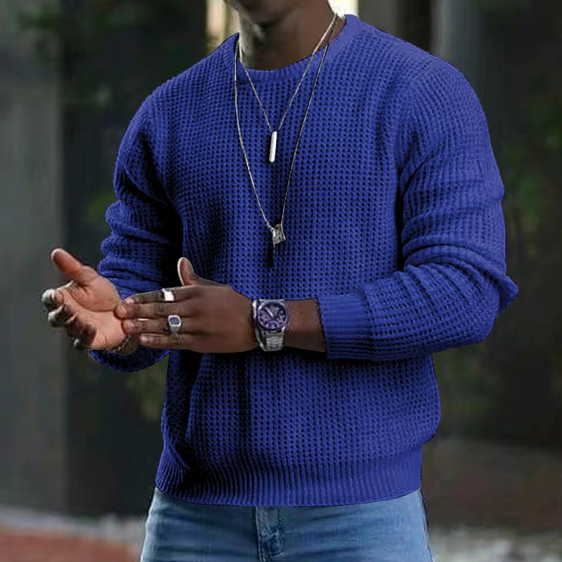 Autumn new round neck cotton waffle solid color knitted sweater men's pullover casual long sleeved shirt_voghion.com