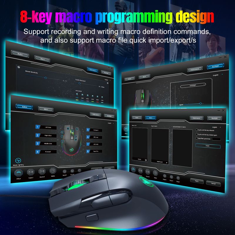Mouse da gioco 7D retroilluminato RGB con 96 tasti, set di film sottili, macro programmabile, 7200 dpi, periferica per eSport_voghion.com